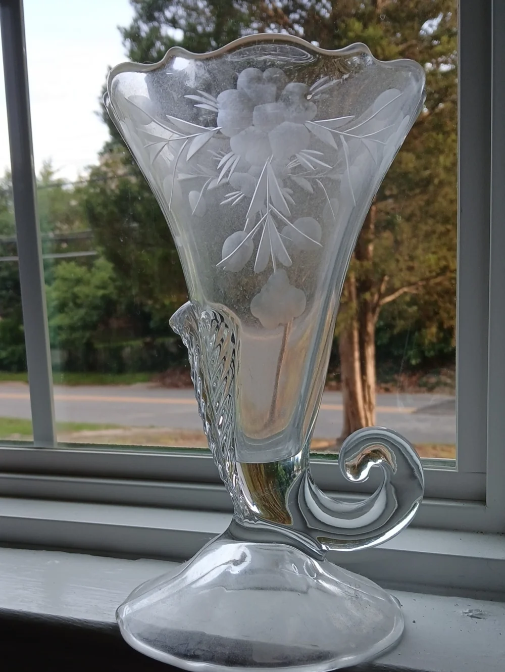 Etched Clear Glass Cornucopia Vase - Floral Motif